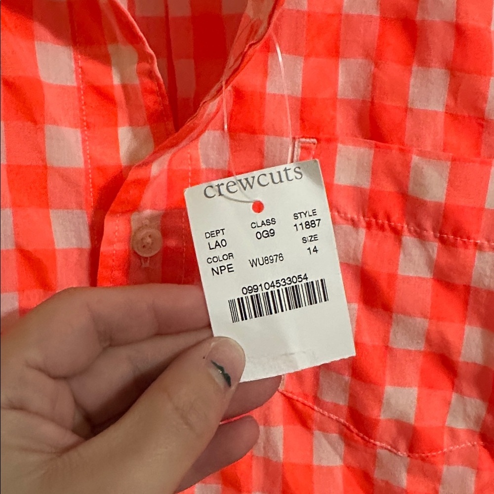 NWT Crewcuts Neon Orange gingham woven button down shirt size 14 - Picture 2 of 5
